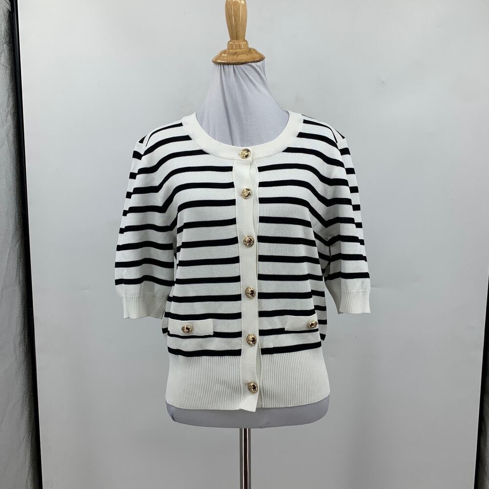 CeCe Cardigan Womens M Medium Striped Half Sleeve Goldtone Buttons Outfitted - Picture 2 of 14